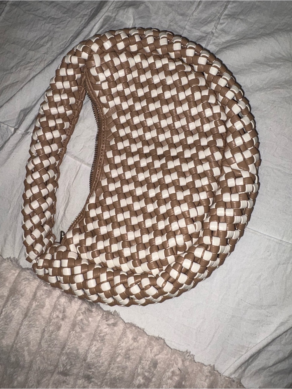 Woven Crescent Shoulder Bag in Beige & Cream